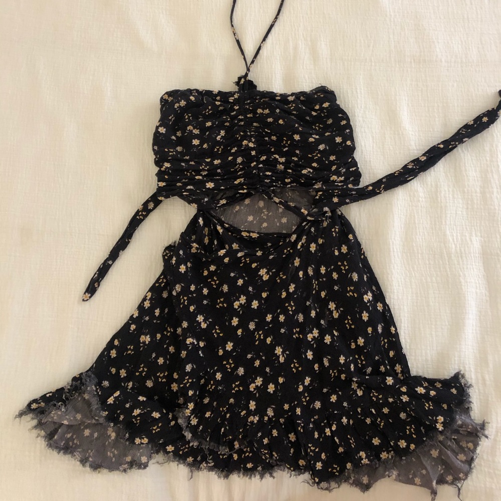 Black floral wrap dress